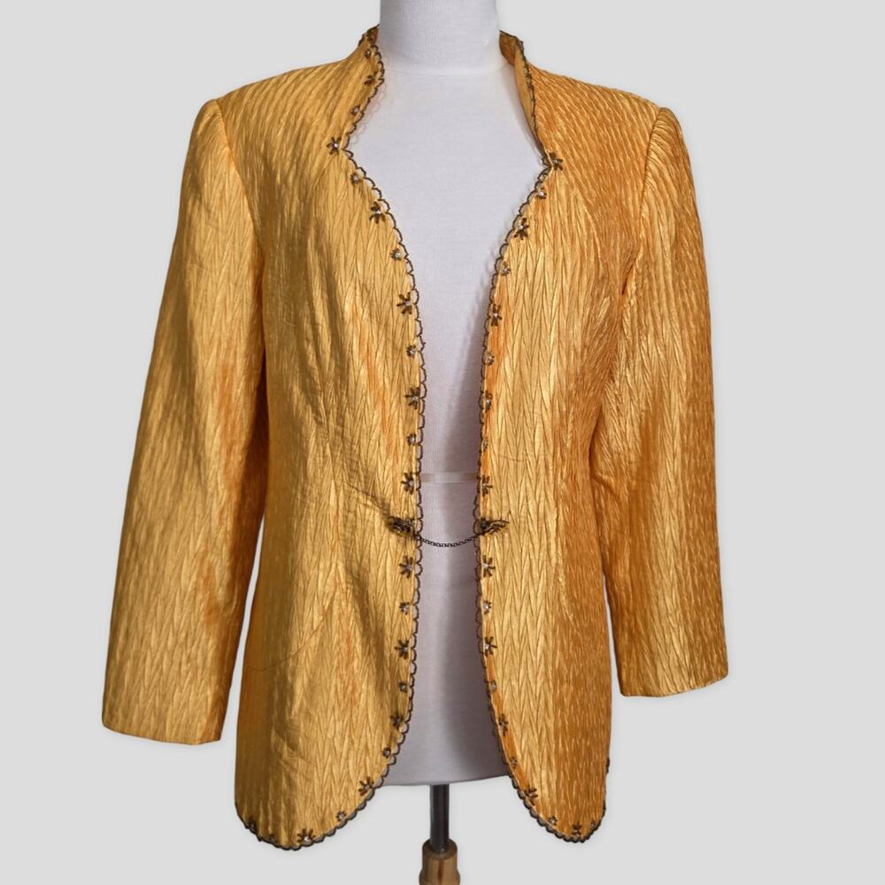 Style Midnight Velvet Crinkle Satin Blazer Women's Size 10 Gold Beaded Dressy